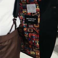 Colorful patterned suit interior design. Suit labels